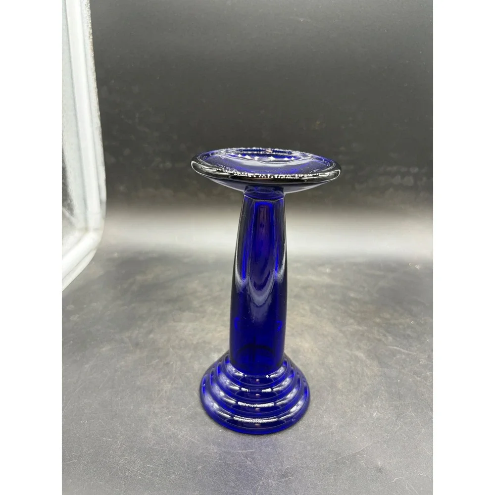 Vintage Cobalt Blue Glass Candlestick Holder Ribbed Base Pillar Stand 6.75in